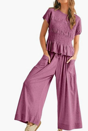 Women's 2-Piece Set | Pleated Top & Wide Leg Pants