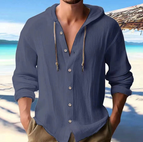 Men's Cotton Linen Hooded Shirt | Button Down Long Sleeve Sweater