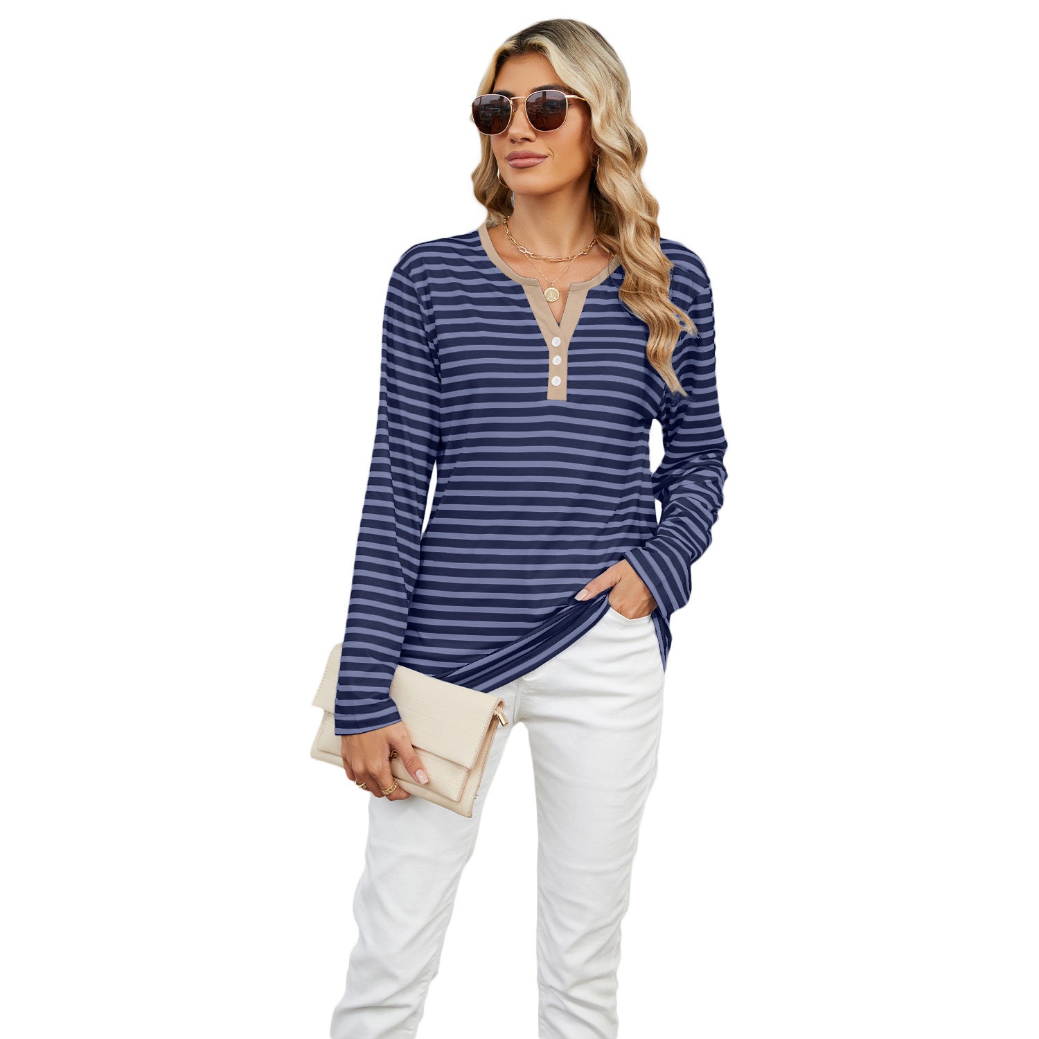 Women's V-Neck Striped Cotton T-Shirt