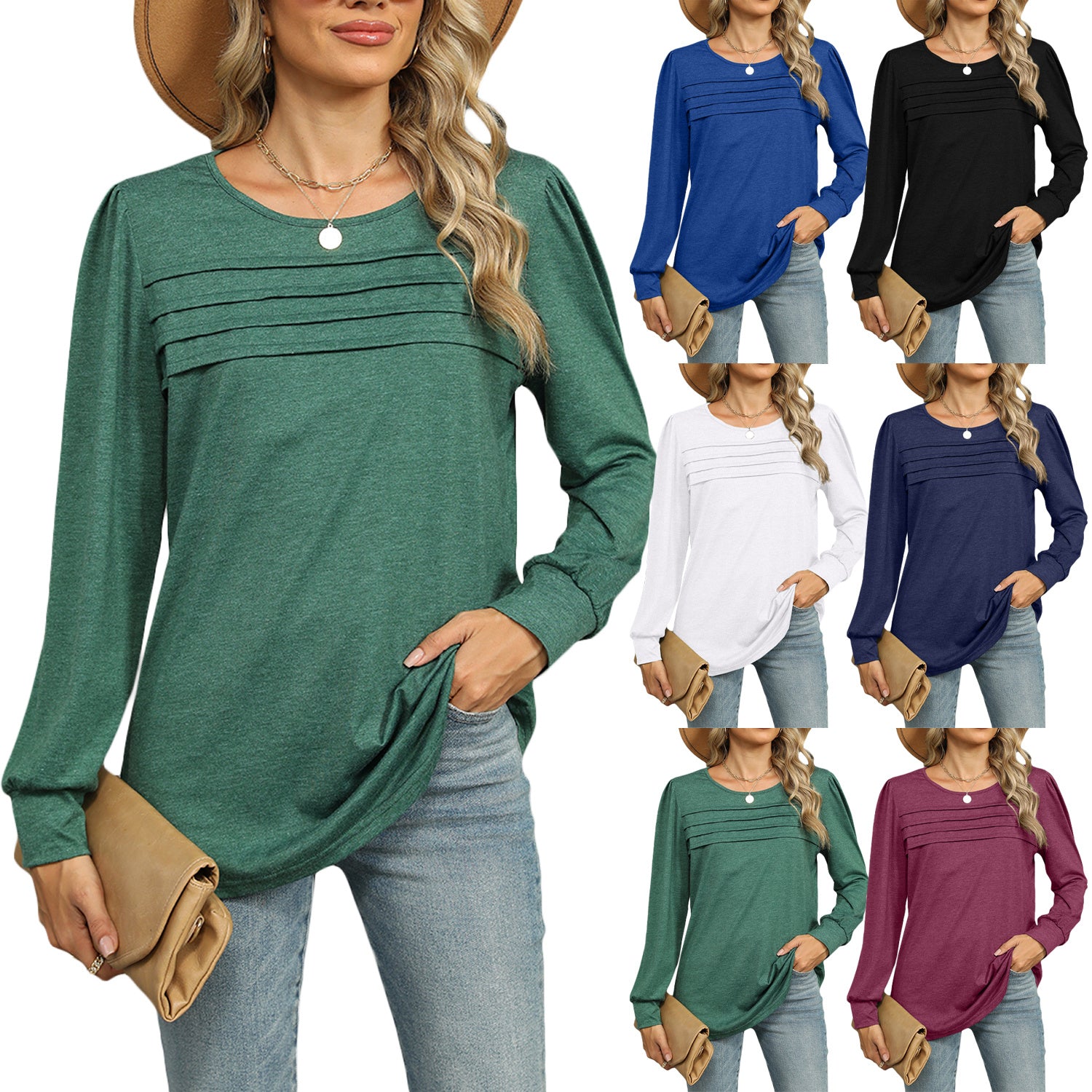 Women's Pleated Long Sleeve Solid Color Top