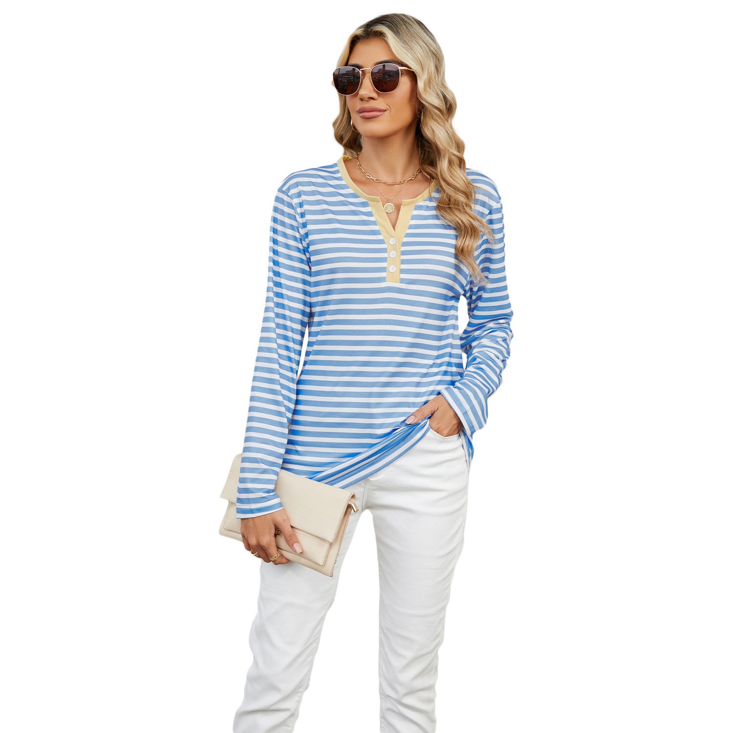 Women's V-Neck Striped Cotton T-Shirt