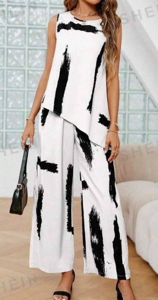 Women's Printed Sleeveless Set | Round Neck Top & Long Pants Outfit