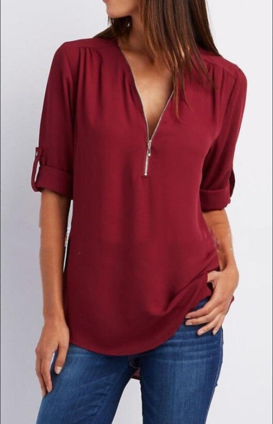 Women's Ruched Half Zip V-Neck Casual Blouse