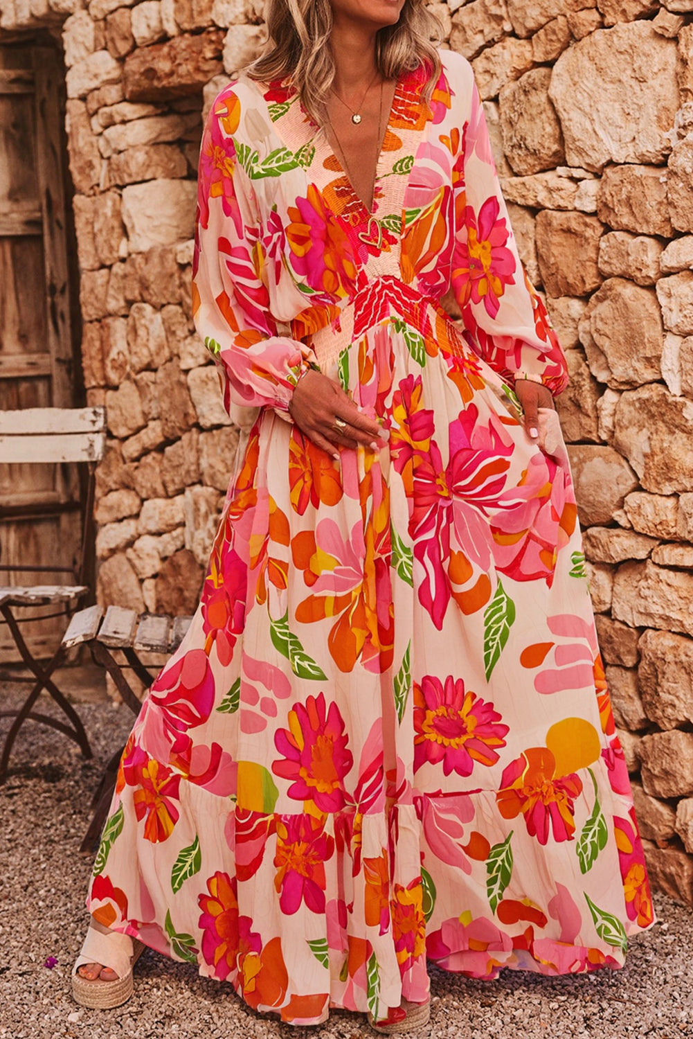Women's Beige Floral Maxi Dress | Puff Sleeve Shirred Detail Gown