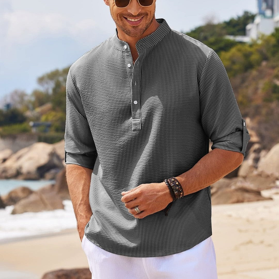 Men's Stand Collar Shirt | Long Sleeve Casual Pullover Top