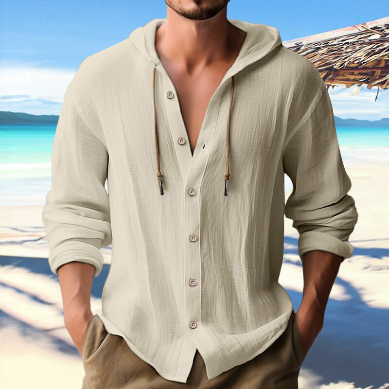 Men's Cotton Linen Hooded Shirt | Button Down Long Sleeve Sweater