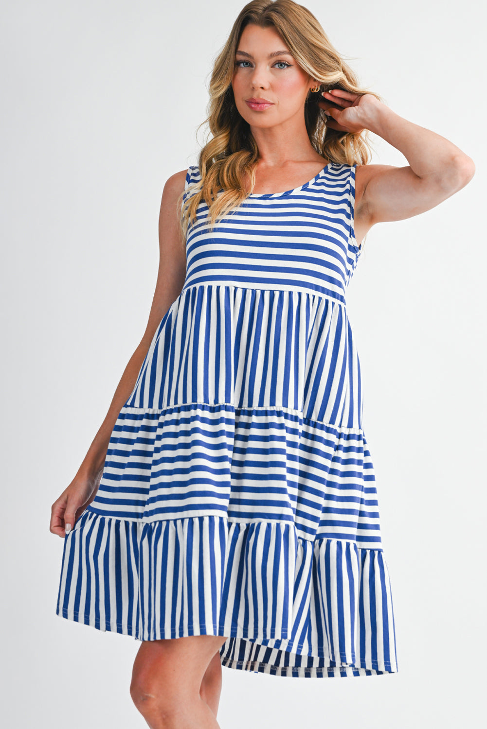 Women's Sky Blue Striped Mini Dress | U-Neck Sleeveless Loose Fit