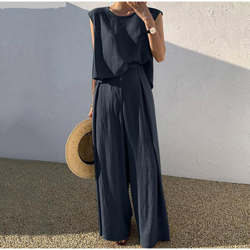 Women's Cotton Linen Sleeveless Set | Wide Leg Pants Outfit