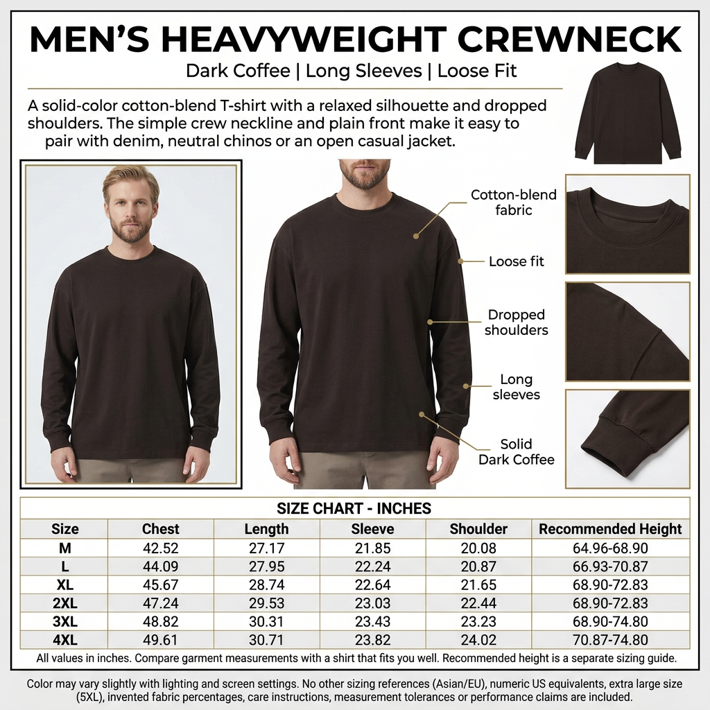 Dark Coffee men's heavyweight crewneck infographic