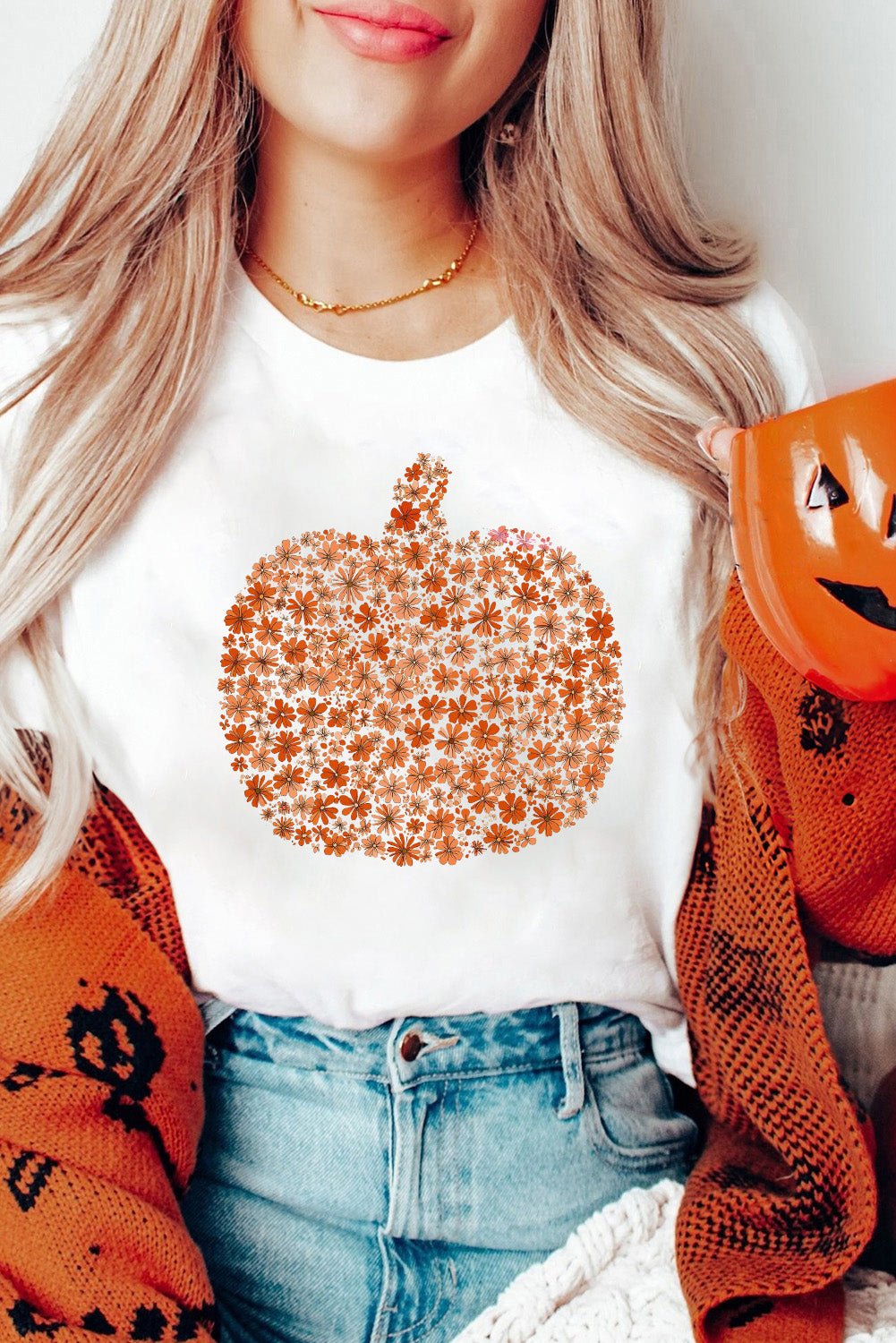 Women's White Graphic Tee | Custom Floral Pumpkin Print