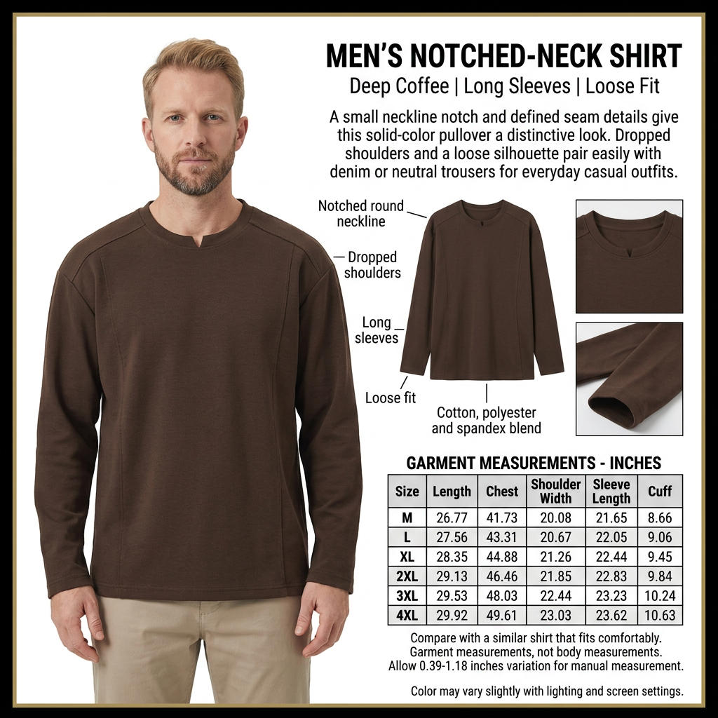 Deep Coffee notched-neck shirt square infographic