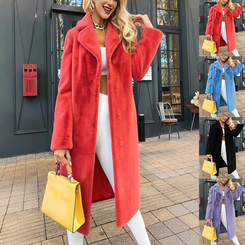 Women's Plush Long Coat | Elegant Lace-Up Turn-Down Collar