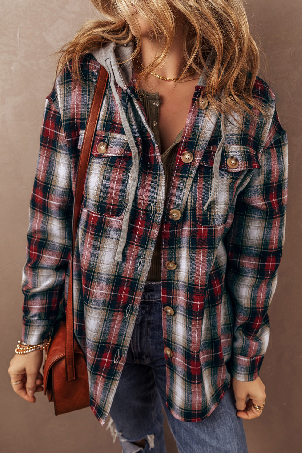 Red Plaid Button-Up Hooded Shacket
