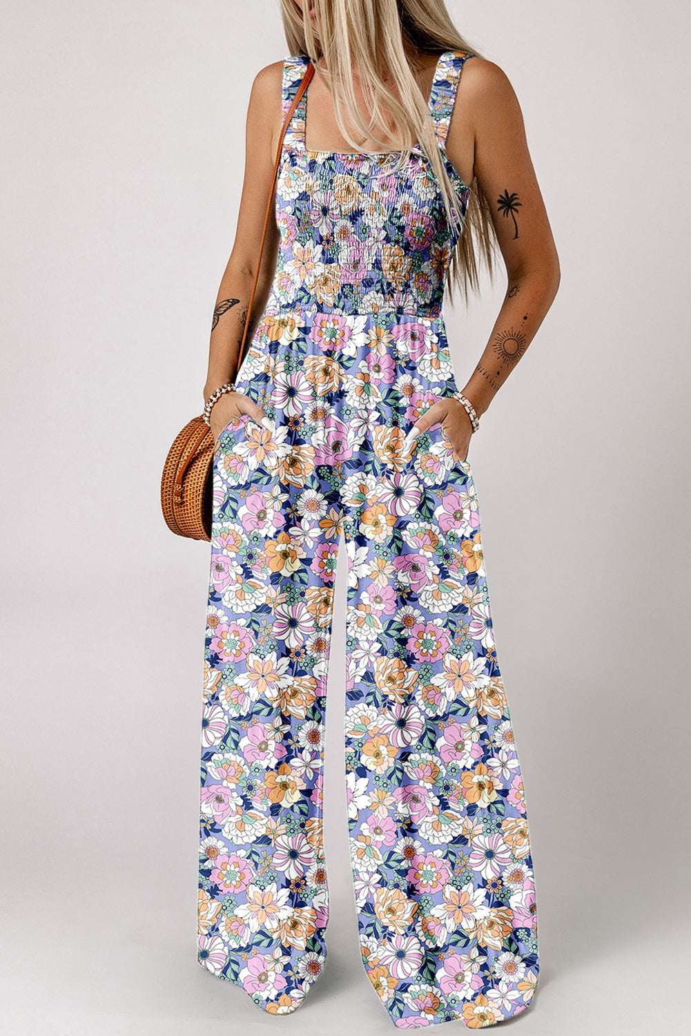Women's Purple Floral Jumpsuit | Square Neck High Waist Stretch