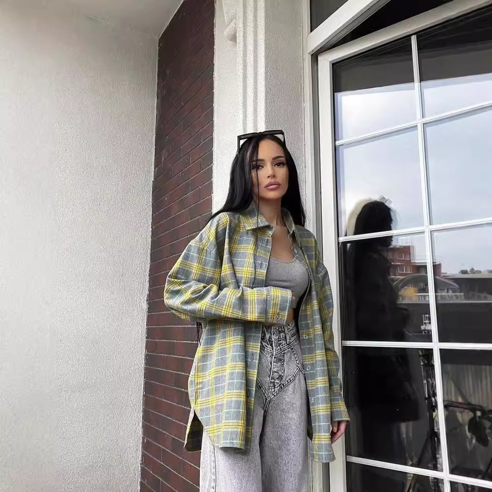 Retro Lapel Loose Plaid Shirt for Women