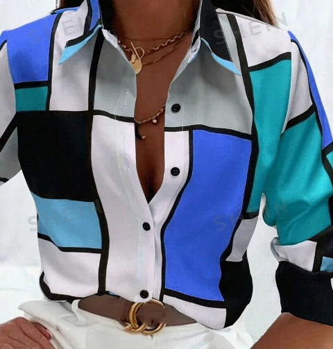 Women's Shirt-Colorblock Button-Up Long Sleeve