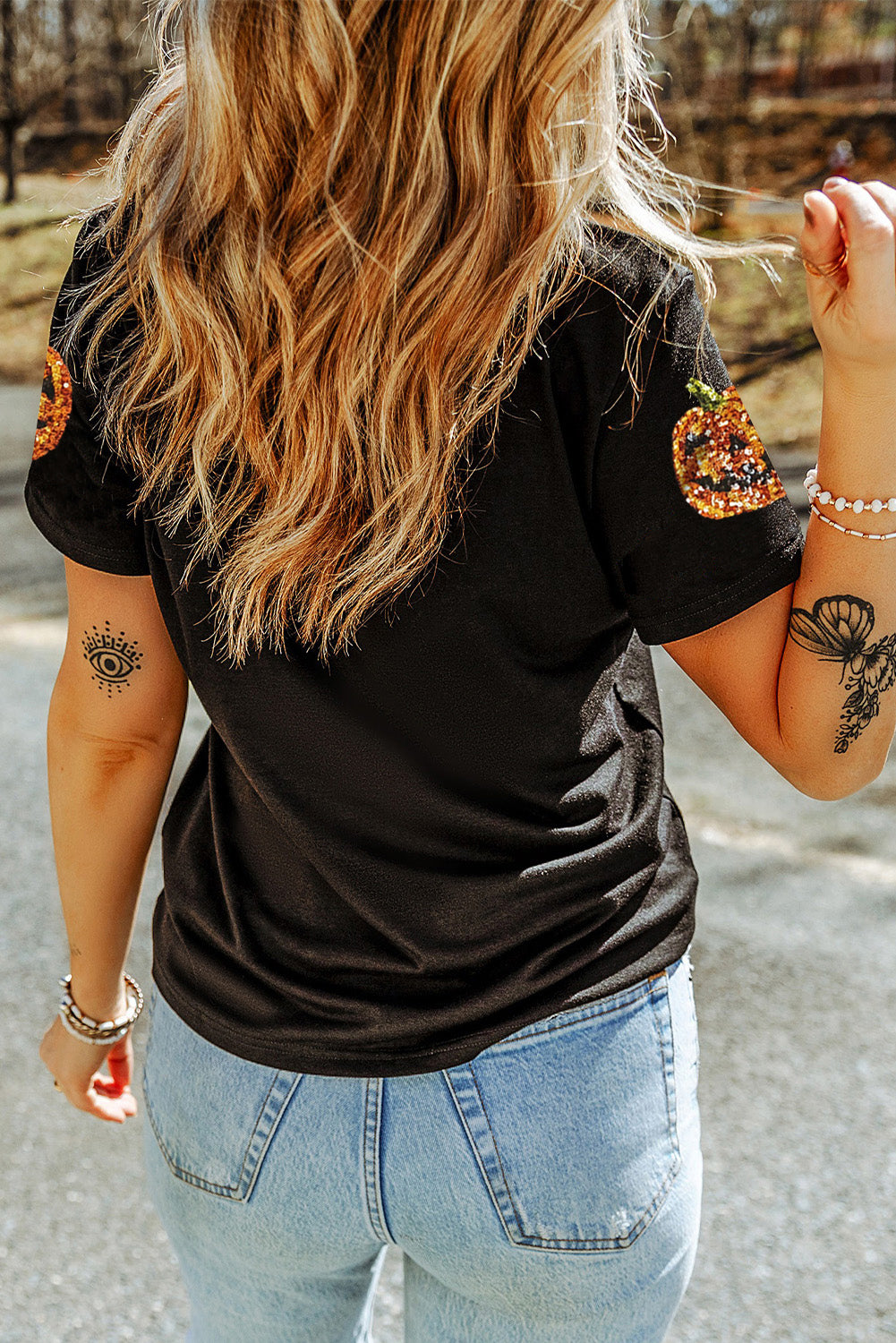 Women's Black Halloween Tee | Sequin Pumpkin Face Graphic Shirt
