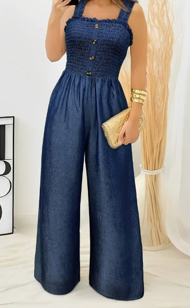 Women's Ruched Sleeveless Jumpsuit | Shirred Wide Leg Romper