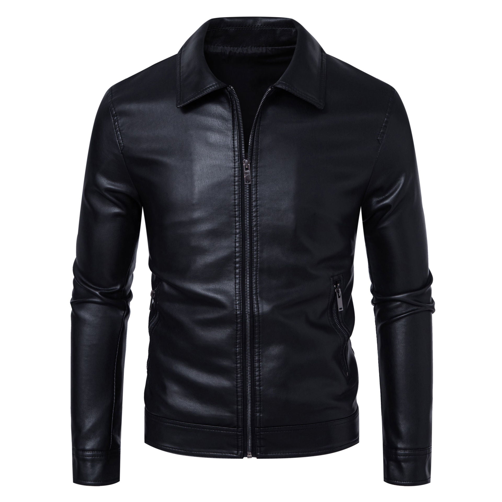 Men's Slim Fit Faux Leather Jacket - Lapel Collar Zip Pocket Casual Coat