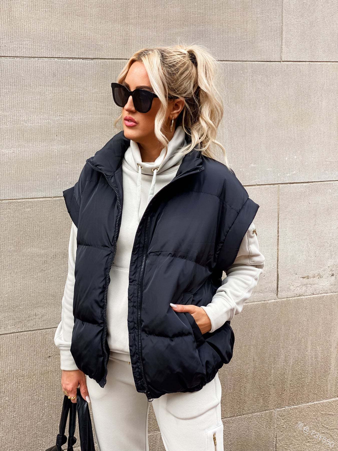 Women's Solid Color Quilted Vest | Stand Collar Zip Pocket Coat