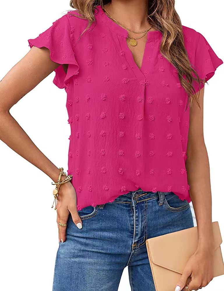 Women's V-Neck Ruffle Short Sleeve Chiffon Blouse