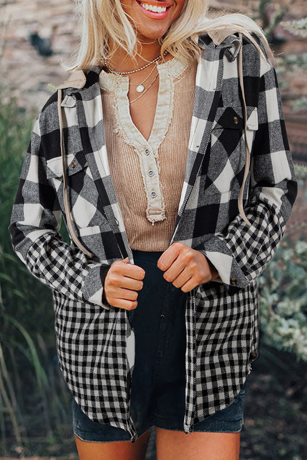 Black Hooded Shacket with Raw Hem