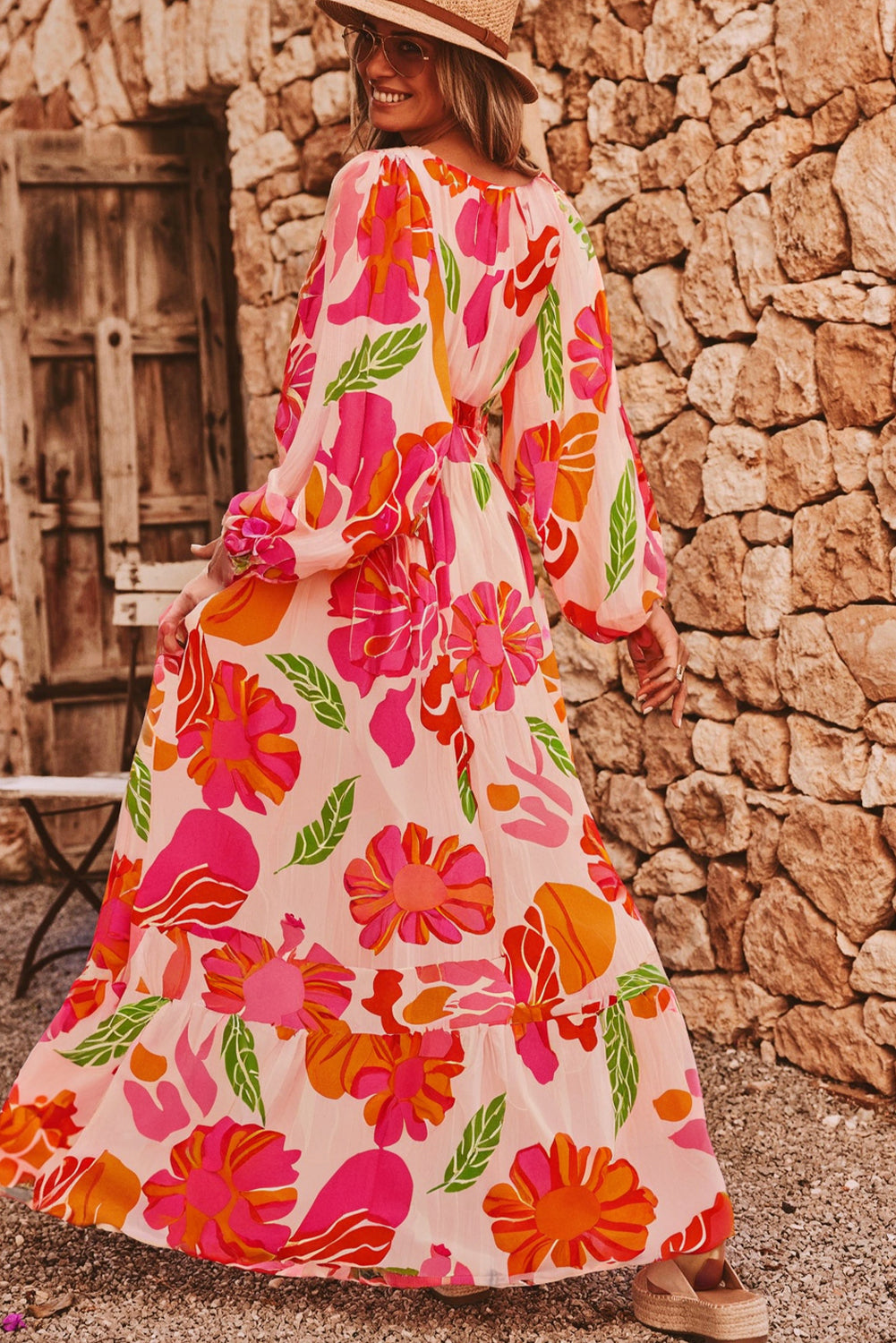 Women's Beige Floral Maxi Dress | Puff Sleeve Shirred Detail Gown