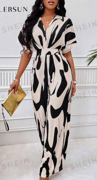 Women's Printed Jumpsuit | Batwing Sleeve & V-Neck Romper