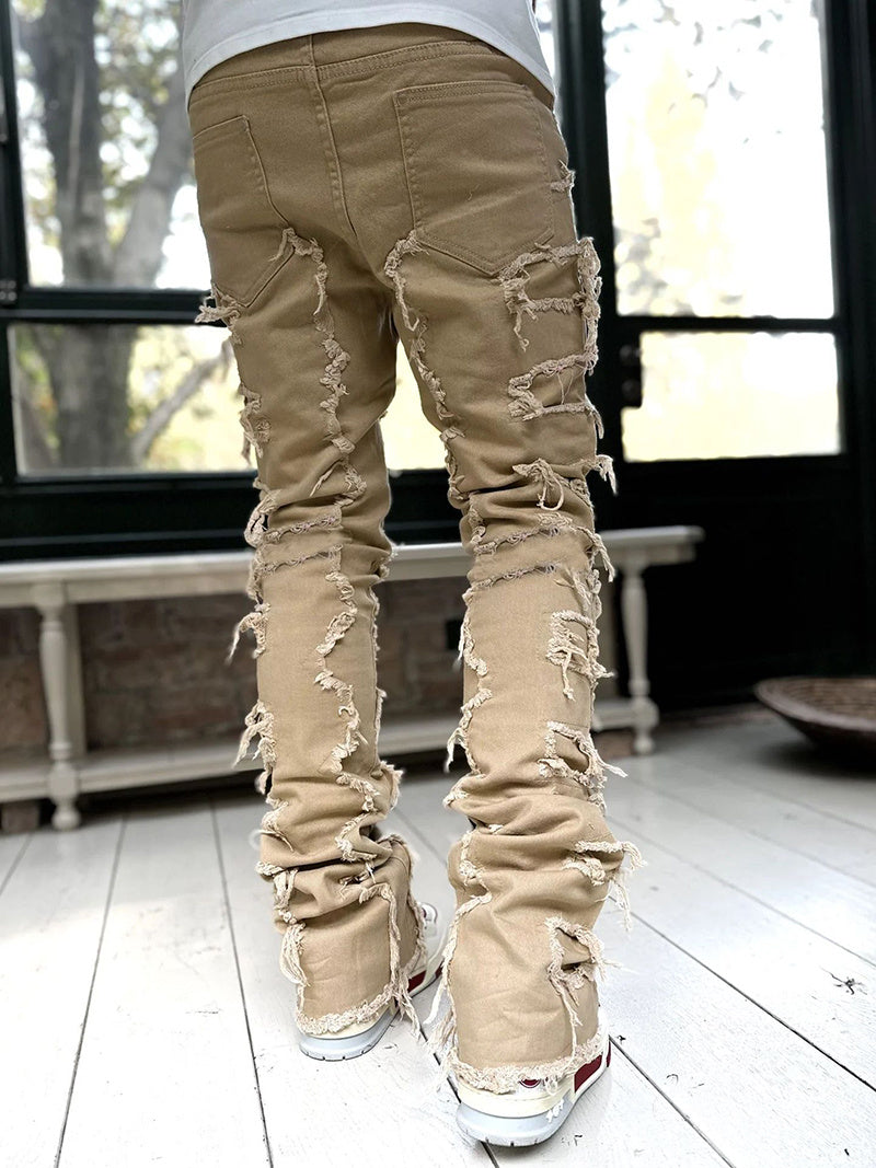 Men's Stacked Skinny Jeans | Patched Slim Fit Cotton Trousers