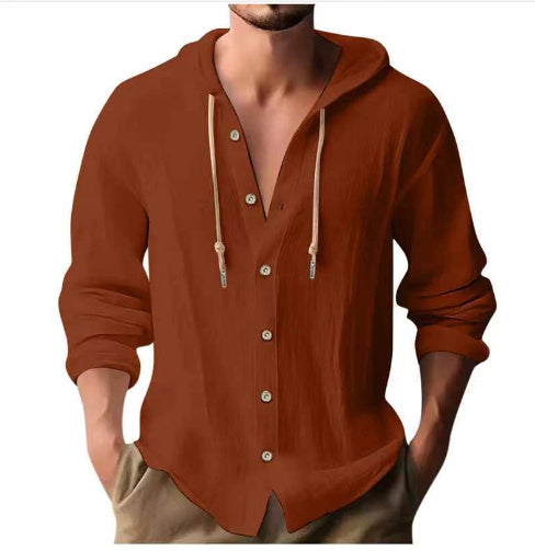 Men's Cotton Linen Hooded Shirt | Button Down Long Sleeve Sweater