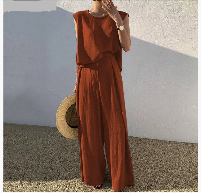 Women's Cotton Linen Sleeveless Set | Wide Leg Pants Outfit