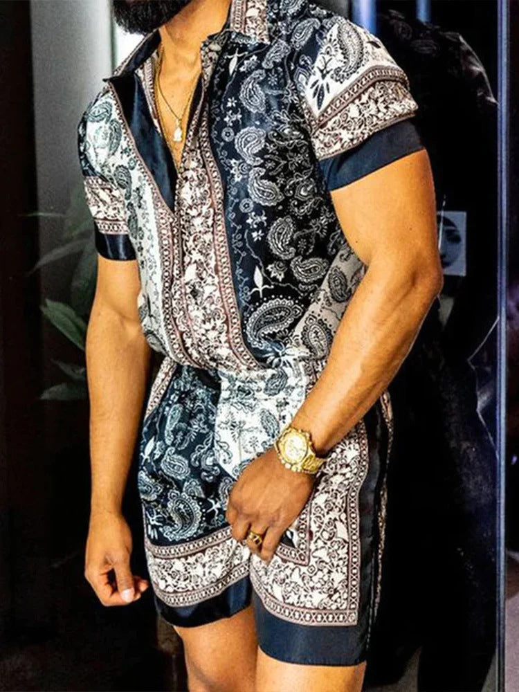 Men's 3D Print Short Set | Lapel Collar Short Sleeve & Shorts Outfit