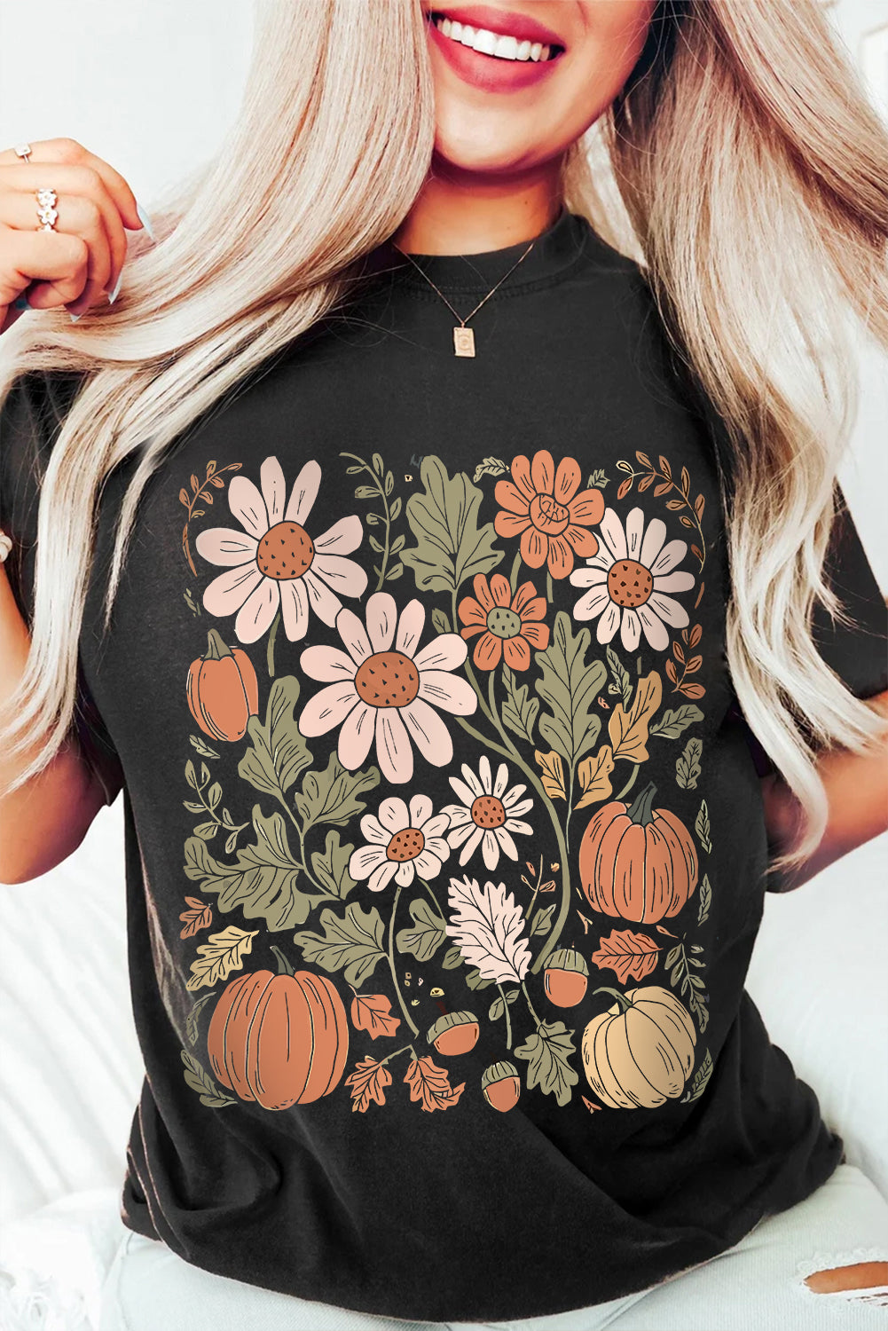 Women's Black Graphic Tee | Wild Flower Pumpkin Print