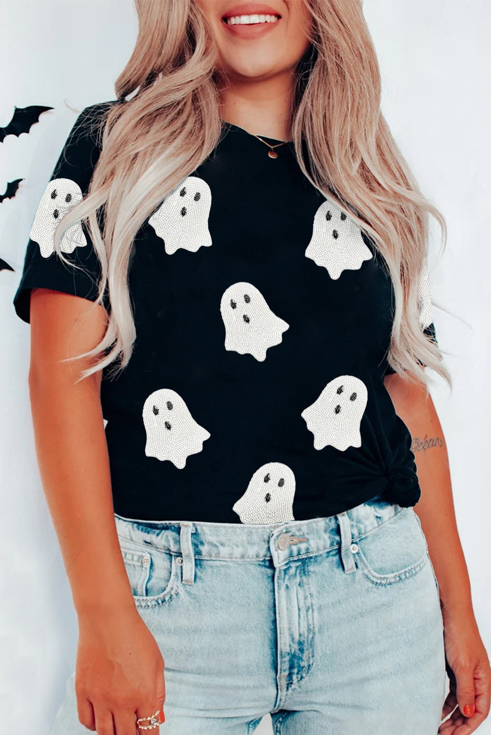Women's Black Halloween Tee | Ghost Sequin Patch T-Shirt