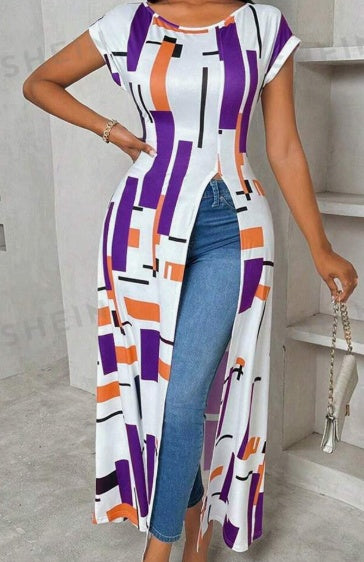 Women's Geometric Print High Slit Maxi T-Shirt