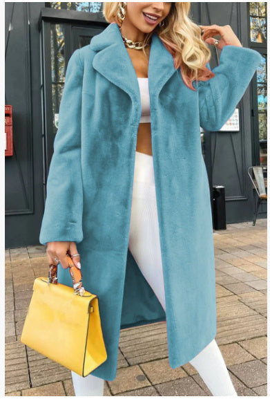 Women's Plush Long Coat | Elegant Lace-Up Turn-Down Collar