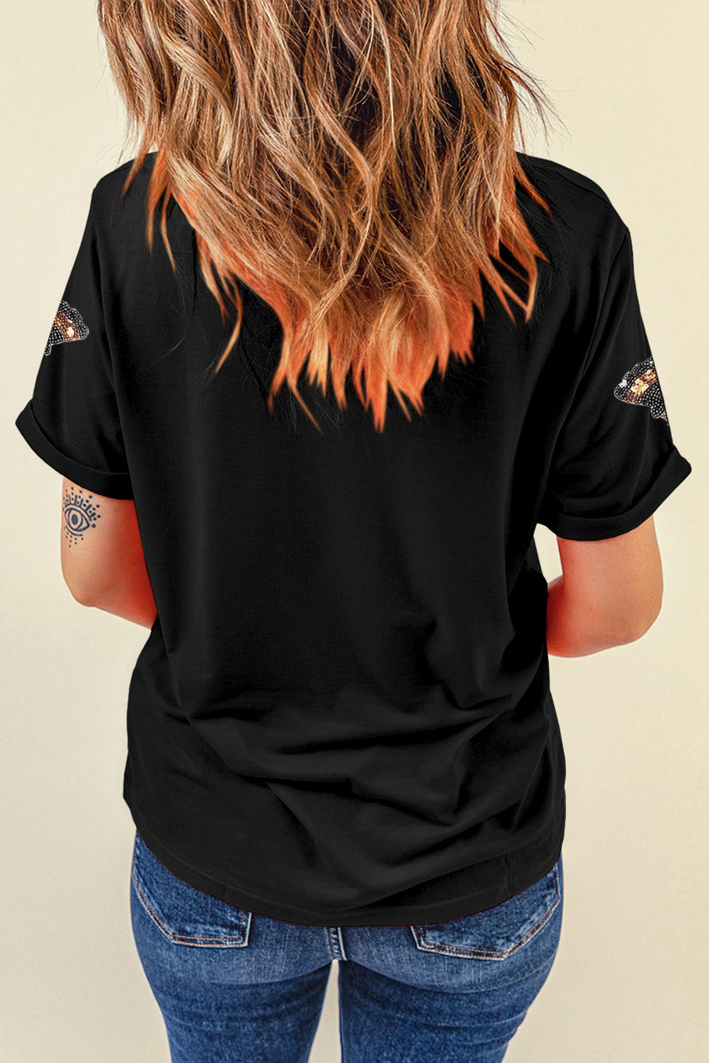 Women's Black Sequin Graphic Tee | Turkey Patch Design