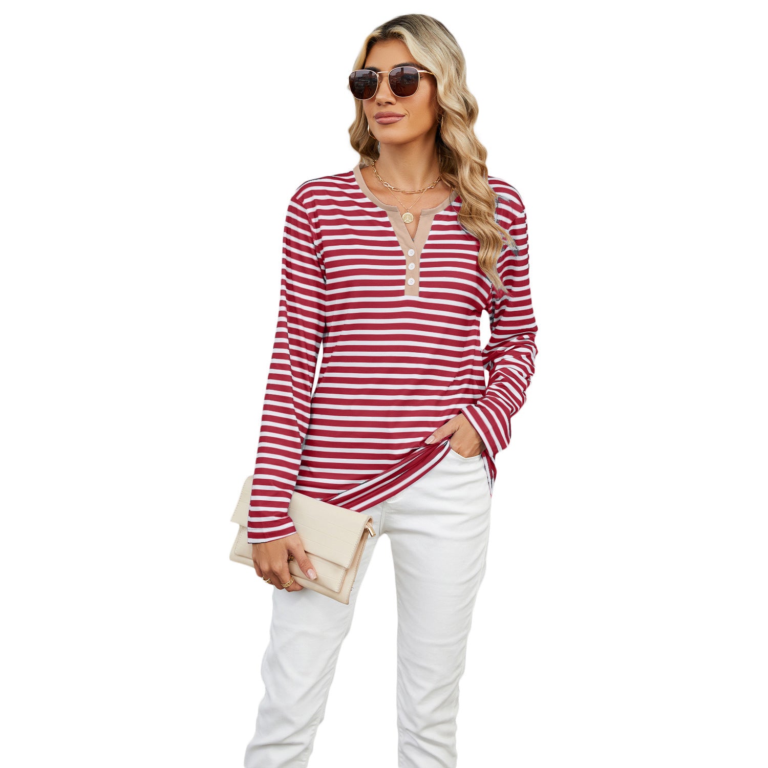 Women's V-Neck Striped Cotton T-Shirt