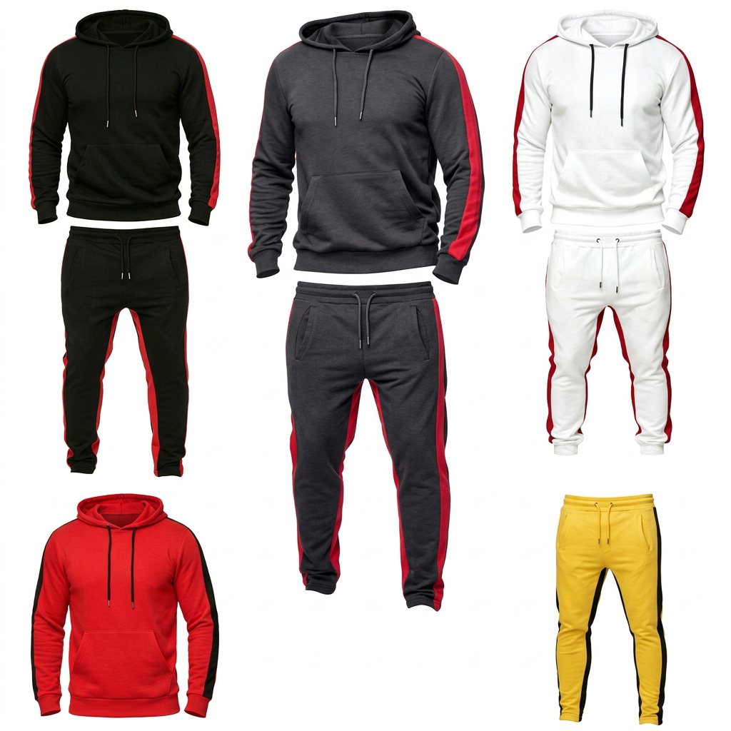 Five hoodie and pants colorways without models on a square white background