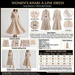 Khaki A-line dress detailed product infographic
