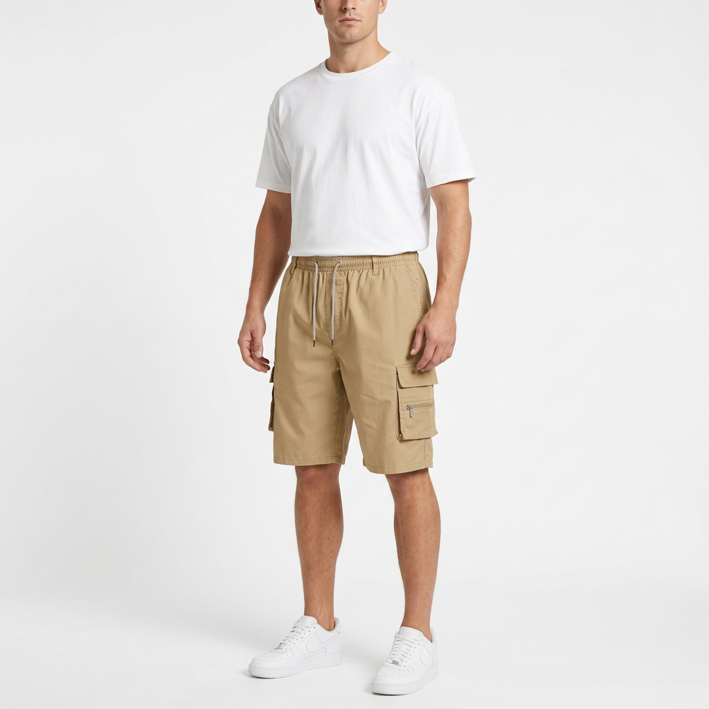Khaki work shorts on a male model