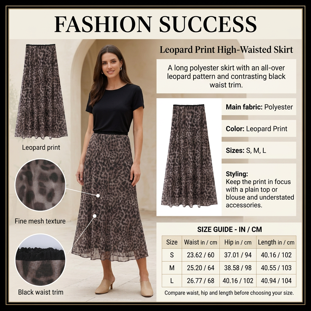 Leopard-print skirt infographic with preferred model, product details and size chart
