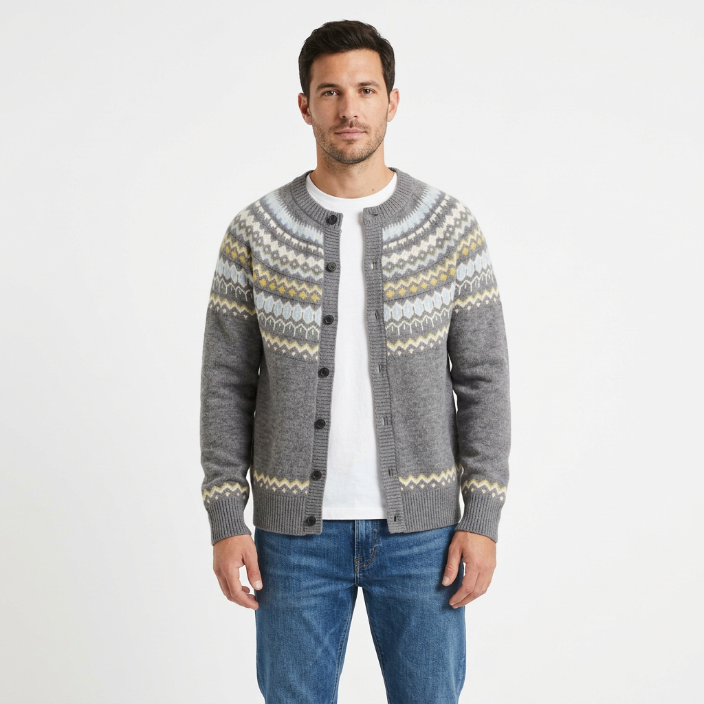 Male model wearing Medium Gray cardigan