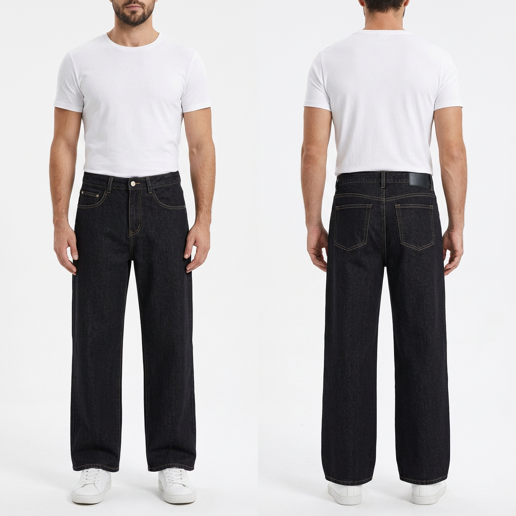 Male model wearing the dark wide-leg jeans, front and back views side by side on white