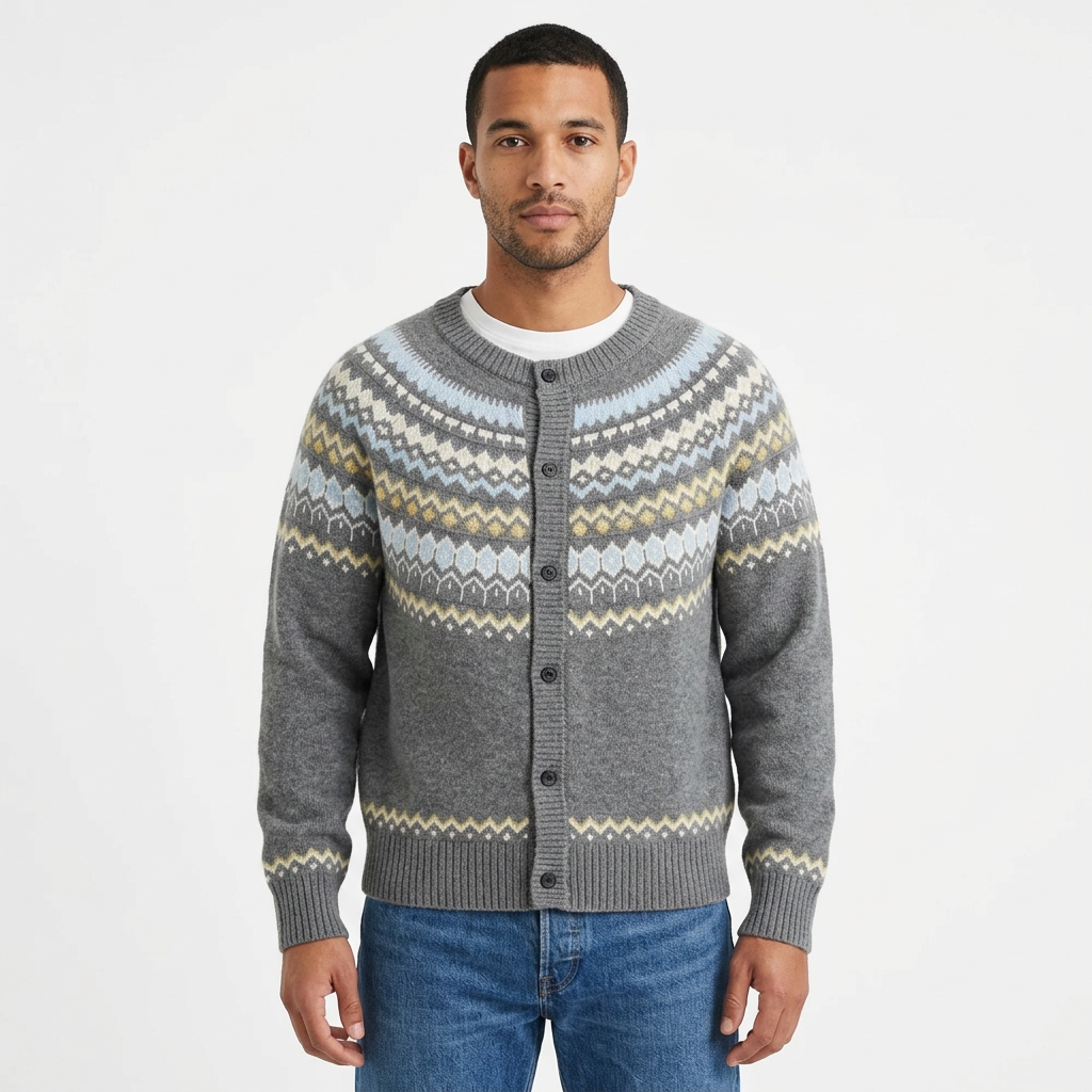 Male model wearing the gray patterned cardigan
