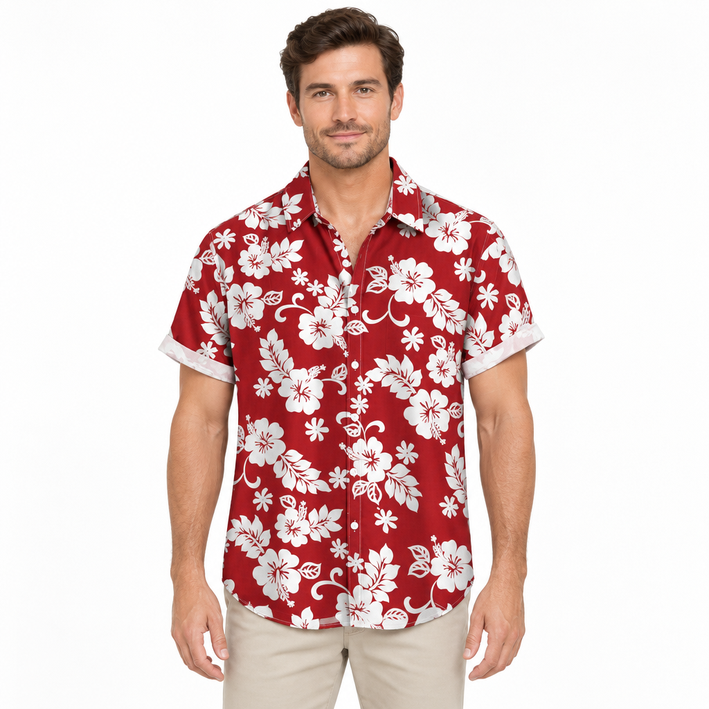 Male model wearing the red floral shirt