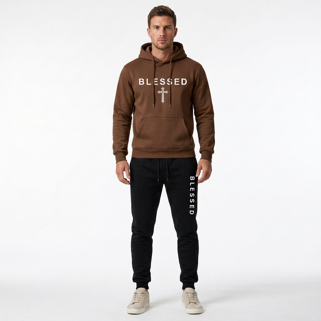 Male model wearing the reference-matched coffee brown hoodie with black pants