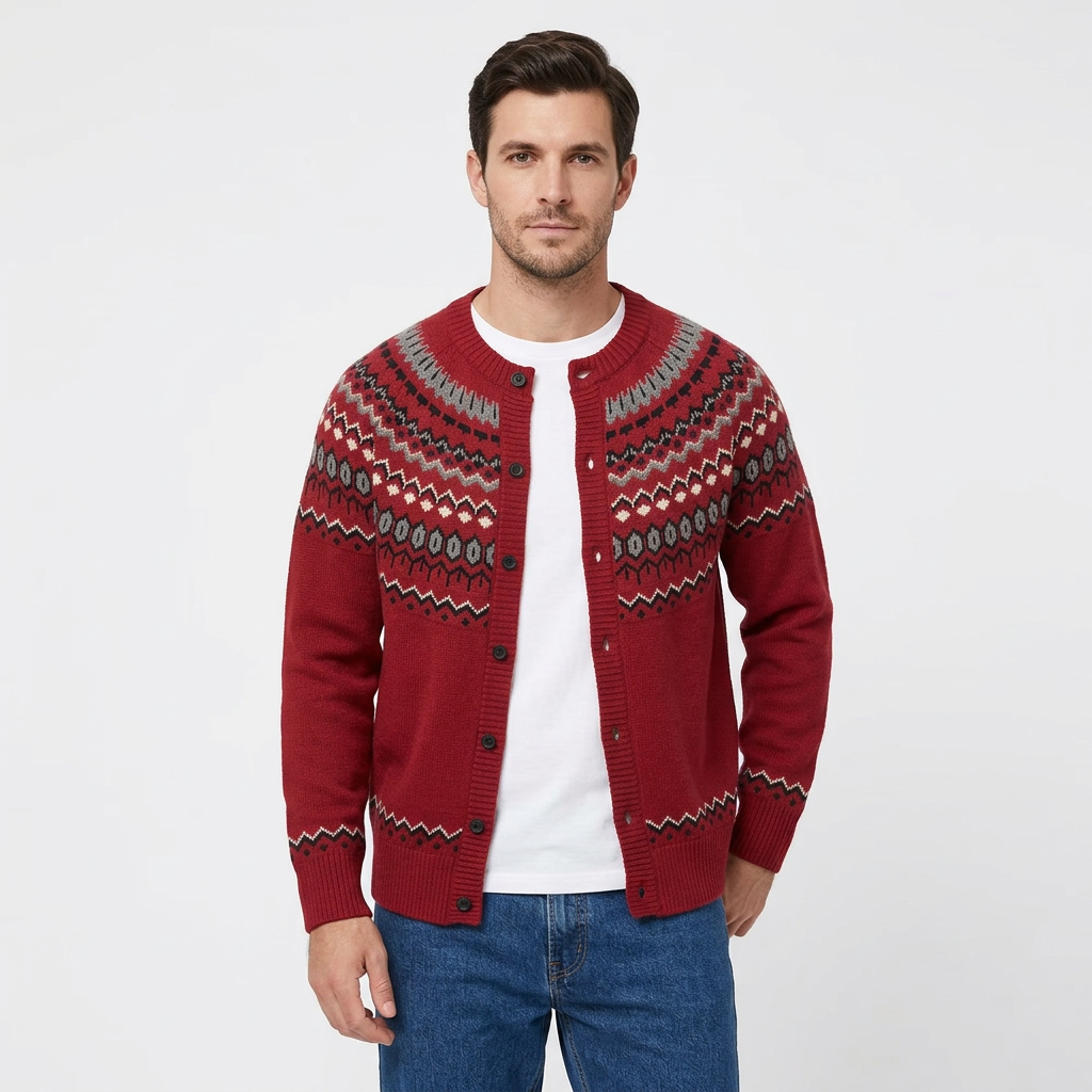 Male model wearing Wine Red cardigan
