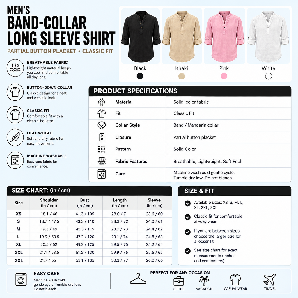 Men’s band-collar shirt infographic