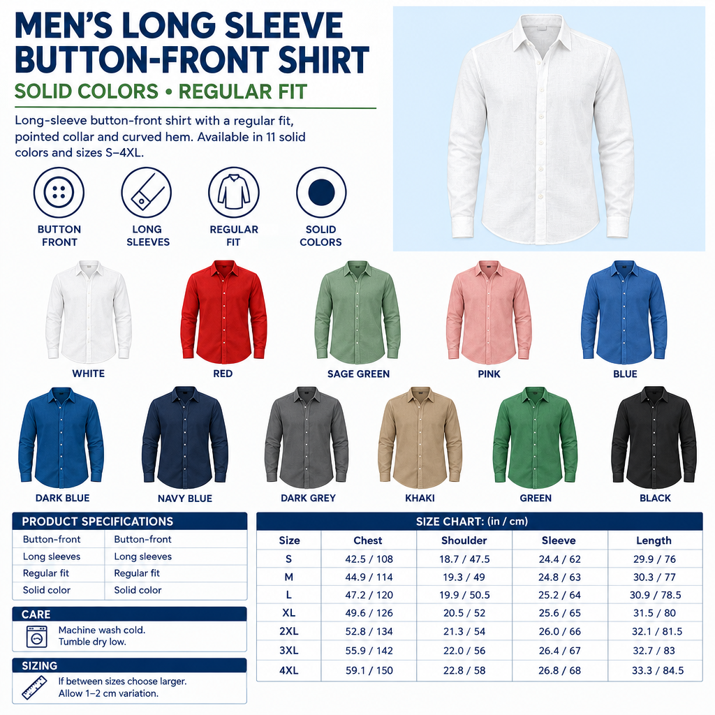 Men’s button-front shirt infographic